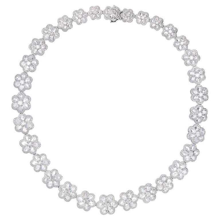 Rose Cut Diamond Floral Cluster Necklace, 36.39 carats, 18ct White Gold