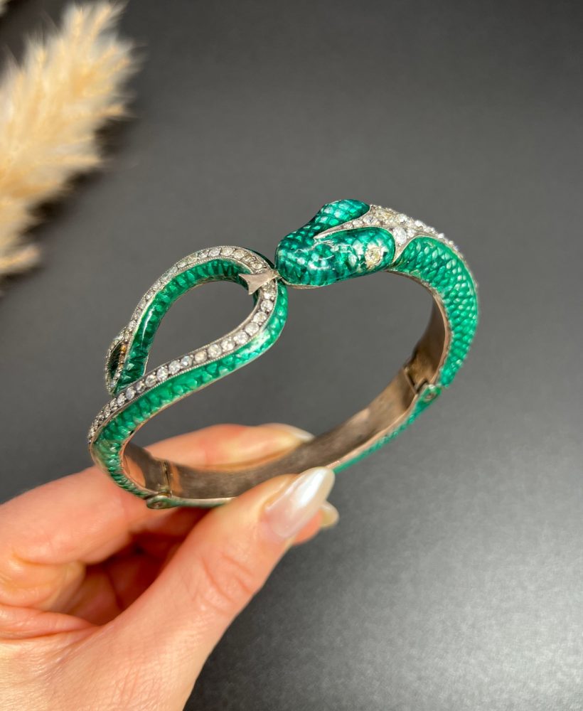 Vintage Green Enamel and 6ct Diamond Snake Bangle Bracelet