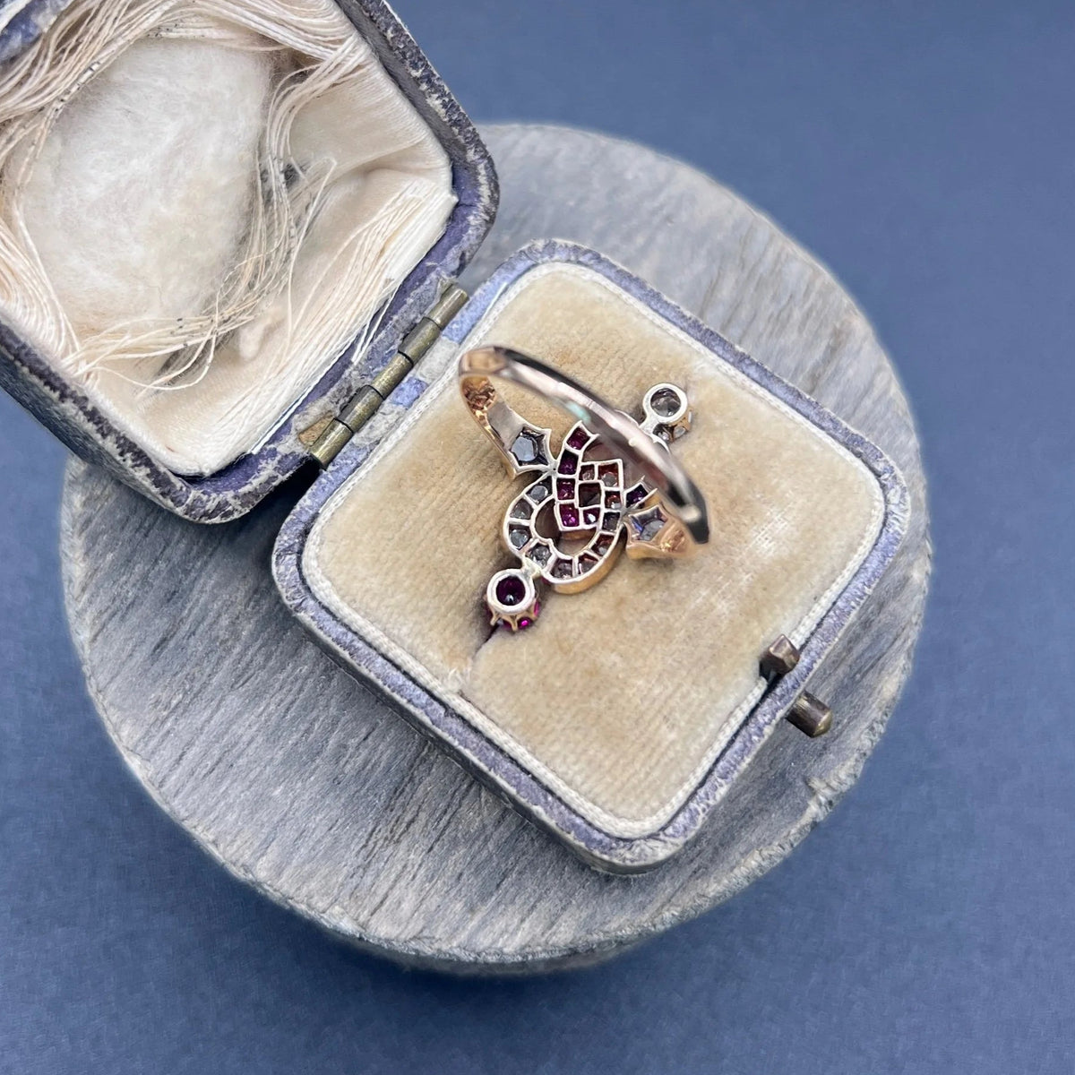 Victorian Antique Ruby and Diamond Double Heart Ring in 15ct Rose Gold