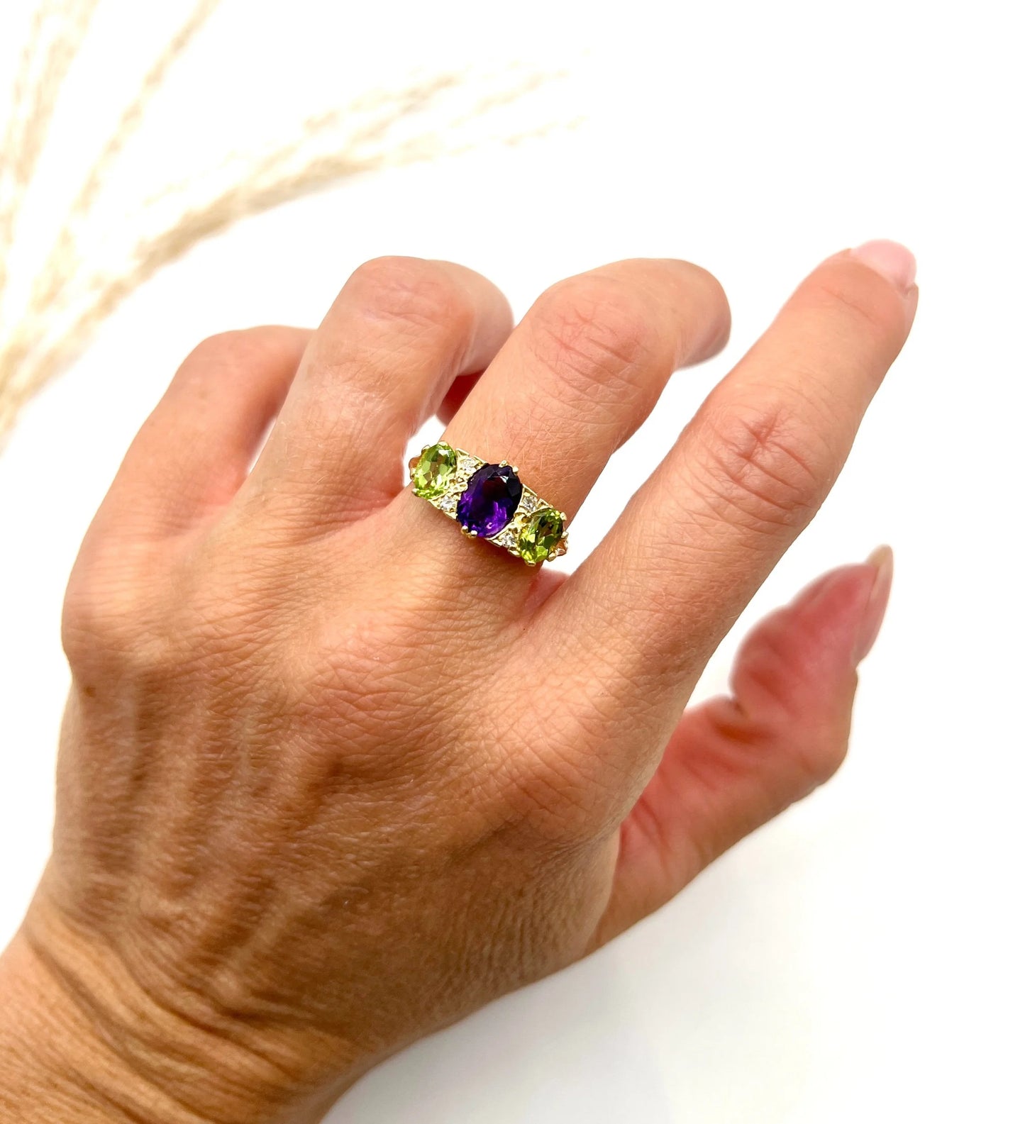 Antique 18 Carat Yellow Gold Edwardian Amethyst, Diamond and Peridot Suffragette Ring
