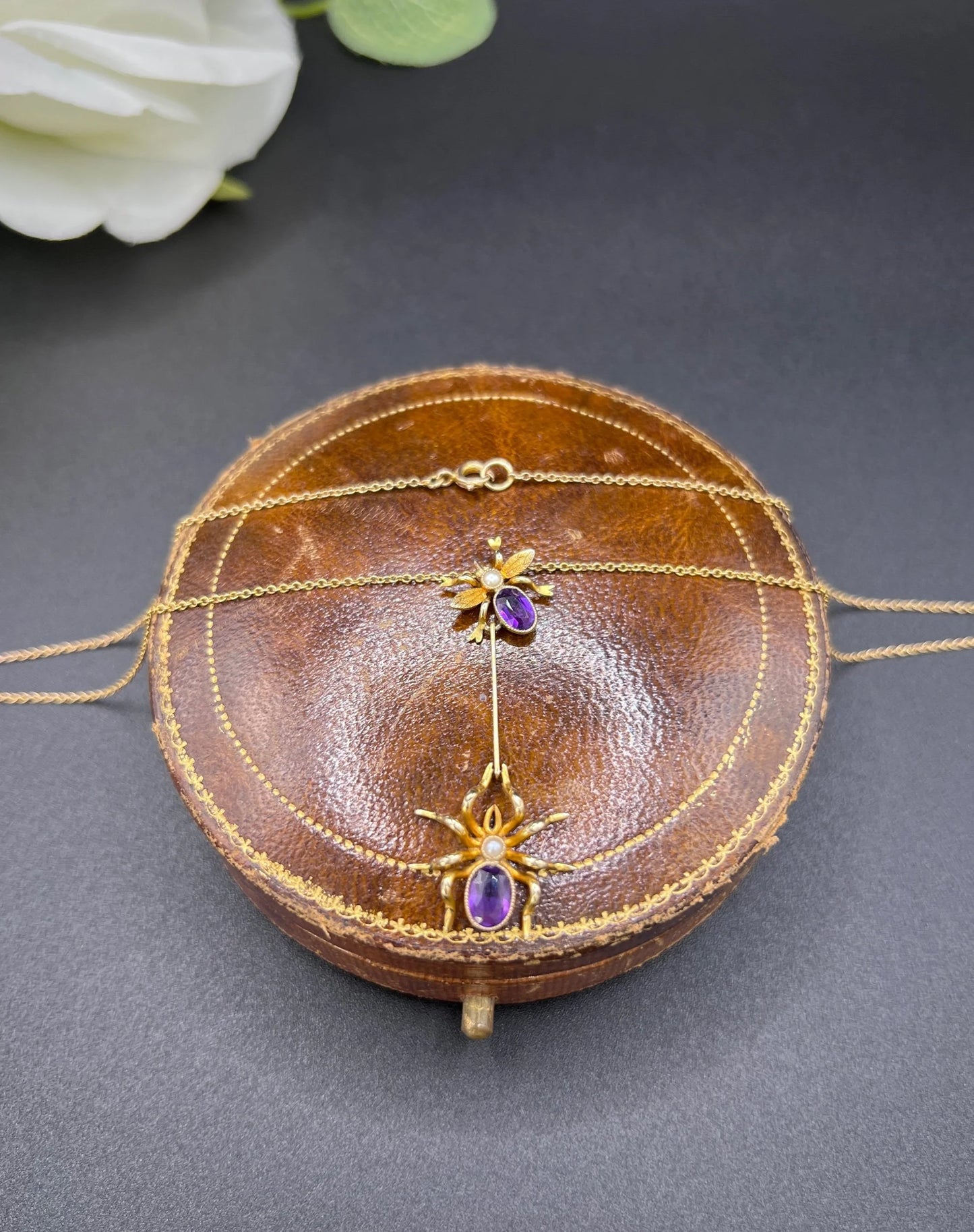 Antique 9 ct Gold, Edwardian Amethyst Spider And Fly Bug Pendant Necklace