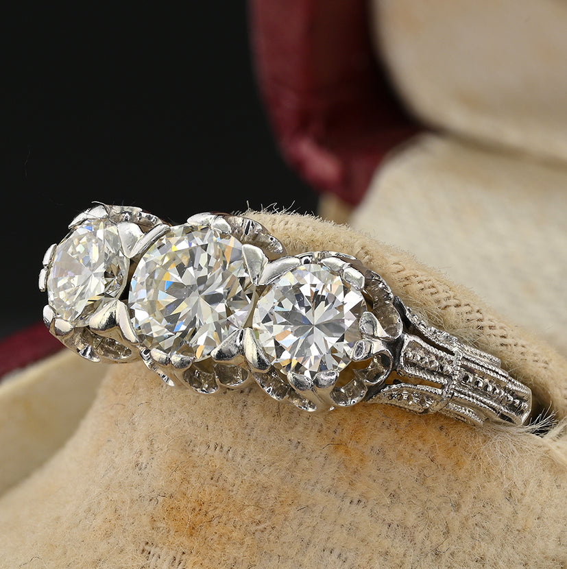 Art Deco 1.97ct Three Stone Diamond Engagement Ring in Platinum