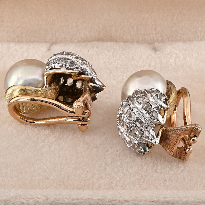 Vintage Buccellati Natural Pearl and Rose Cut Diamond Clip Earrings