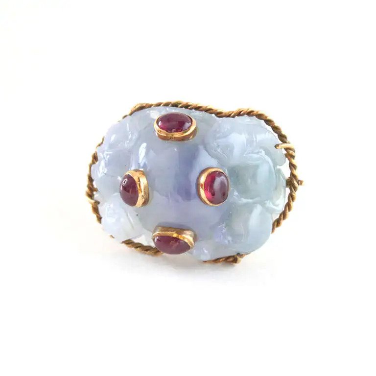 Carved Lavender Jadeite Brooch with Rubies