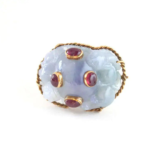Carved Lavender Jadeite Brooch with Rubies
