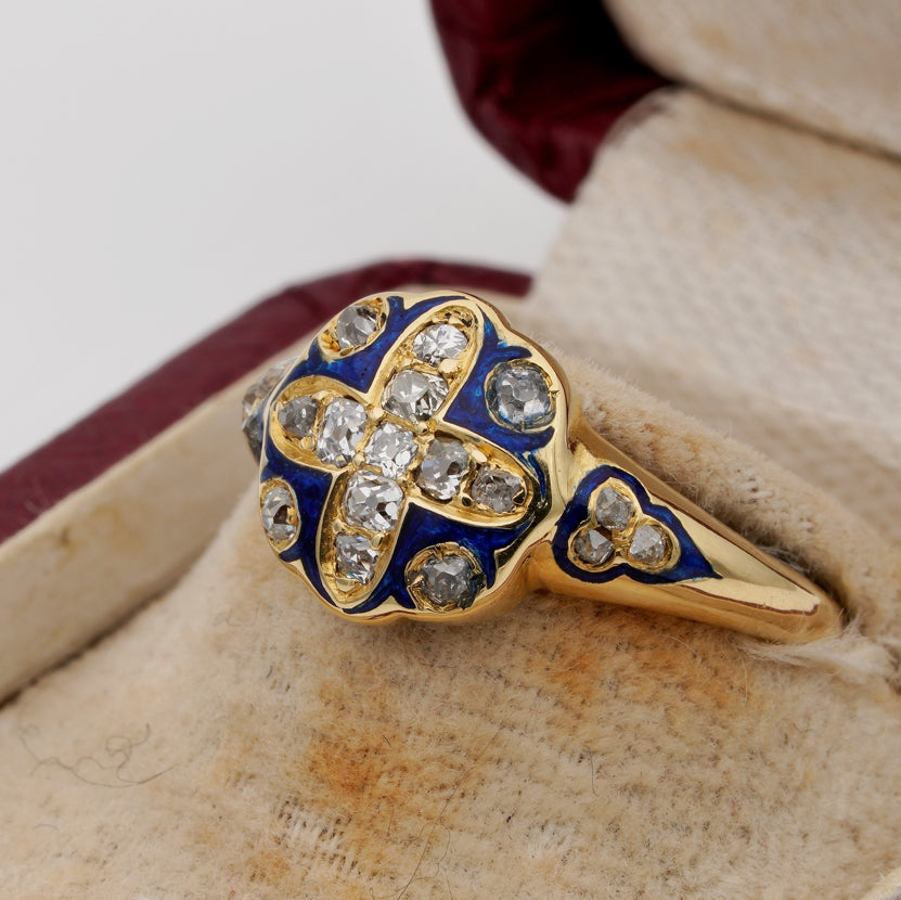Victorian Antique Royal Blue Enamel and Old Mine Cut Diamond Cross Cluster Ring