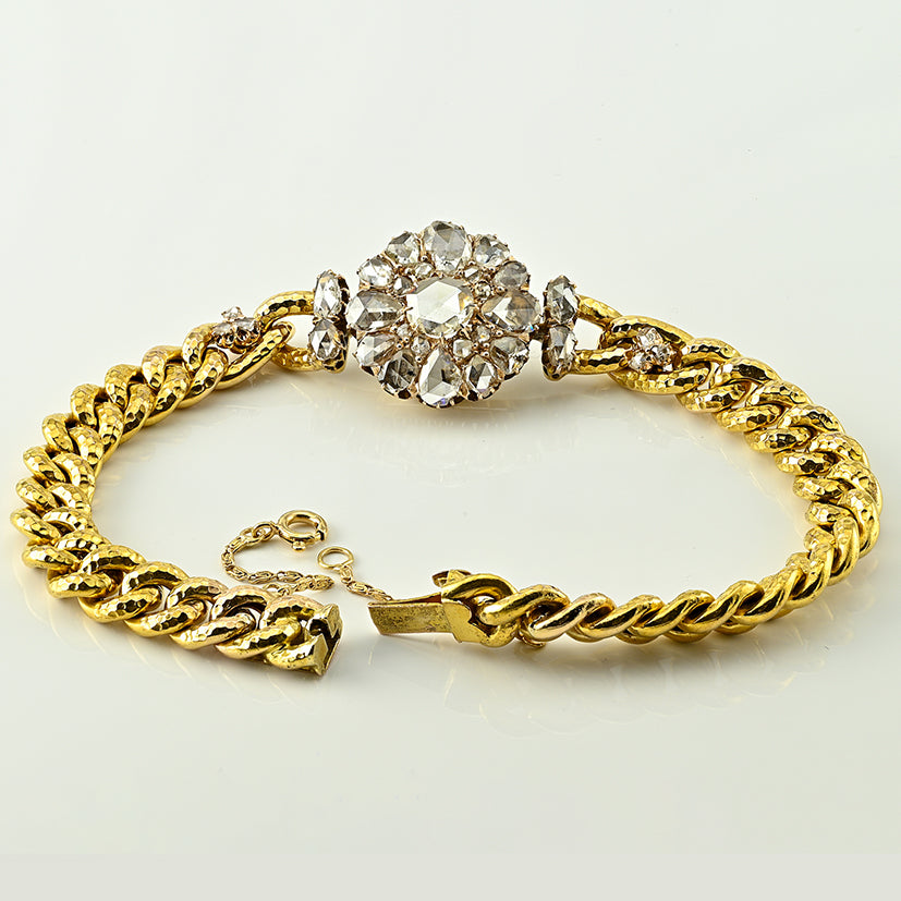 Victorian Antique 5.20ct Rose Cut Diamond Cluster 10ct Yellow Gold Curb Bracelet