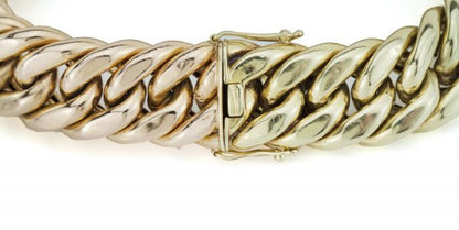 Vintage 14ct Tri Colour Gold Gents Cuban Bracelet; chunky Men's link bracelet crafted from 14ct yellow, white and rose gold, Circa 1990's