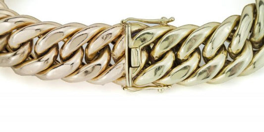 Vintage 14ct Tri Colour Gold Gents Cuban Bracelet; chunky Men's link bracelet crafted from 14ct yellow, white and rose gold, Circa 1990's