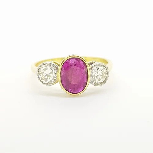1.04ct Oval Ruby and Diamond Three Stone Ring in 18ct Gold