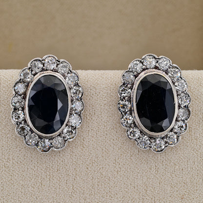 Vintage 8.40ct Natural Sapphire and Old European Cut Diamond Cluster Clip Earrings
