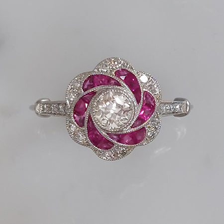 Ruby and Diamond Rose Flower Cluster Ring