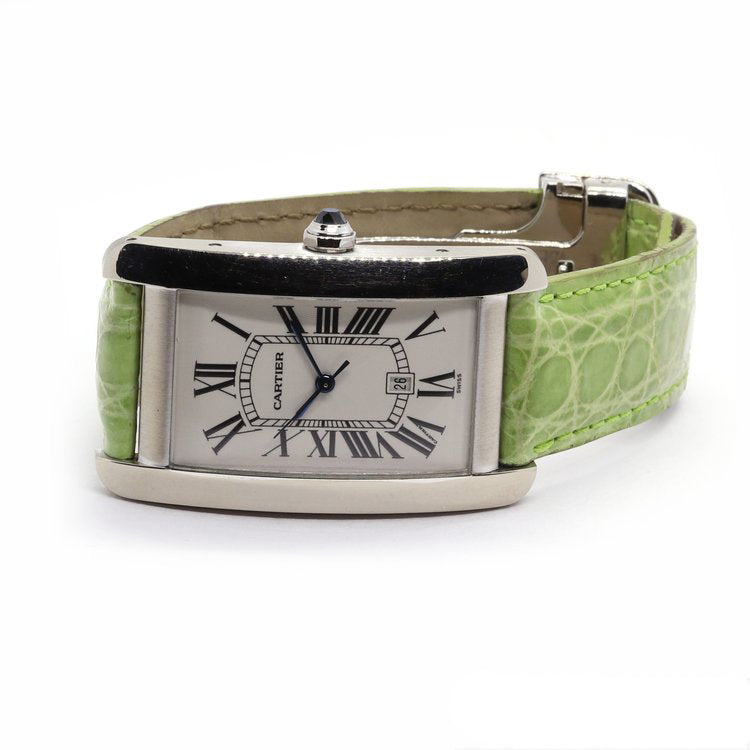 Cartier Tank Americaine 1741 Large Model 18ct White Gold Automatic Watch on a Cartier green leather strap, Circa 2005