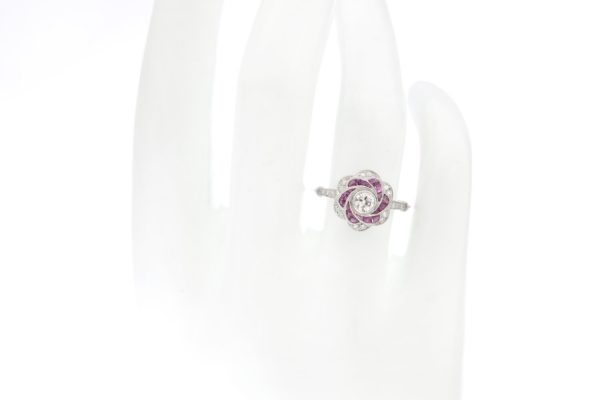 Vintage Diamond, Ruby and Platinum Rose Flower Cluster Ring; Art Deco inspired diamond and ruby ring crafted from platinum, Circa 1980s
