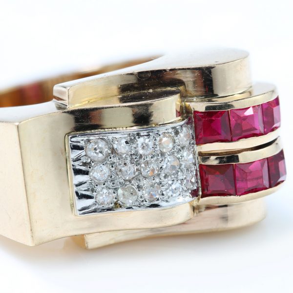 Vintage 1940's French Ruby and Diamond Retro Dress Ring