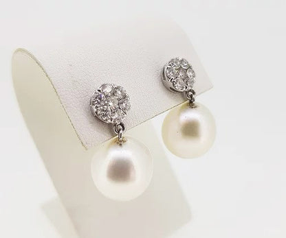 South Sea Pearl and Diamond Cluster Drop Earrings