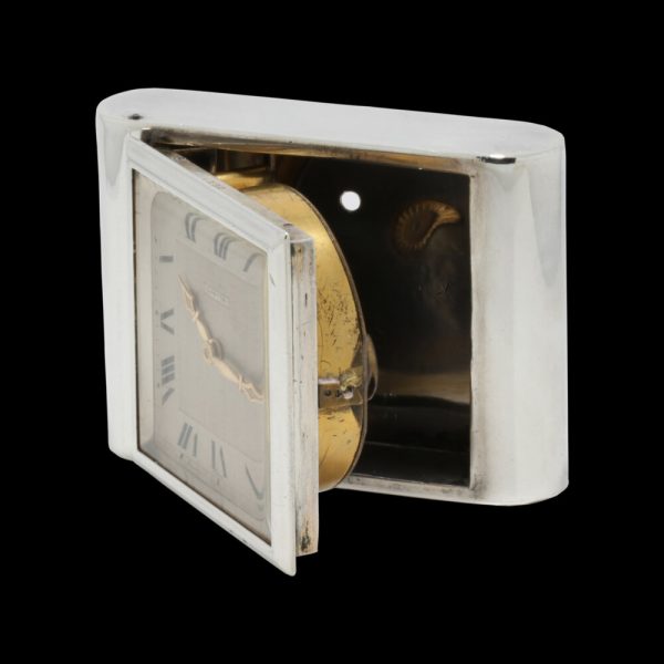 Antique Cartier Sterling Silver Clock, sterling silver case and manual winding movement, in original box, J.C Jacques Cartier, London Import Hallmark Dated 1929