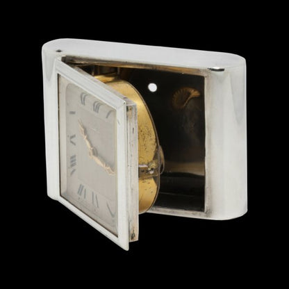 Antique Cartier Sterling Silver Clock, sterling silver case and manual winding movement, in original box, J.C Jacques Cartier, London Import Hallmark Dated 1929
