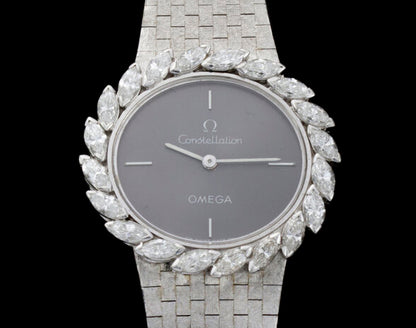 Vintage Omega Ladies 18ct White Gold and Diamond Set Manual Watch; ref 8195, with marquise-cut diamond set bezel, 1.00 carat total, in Omega box, Circa 1980s