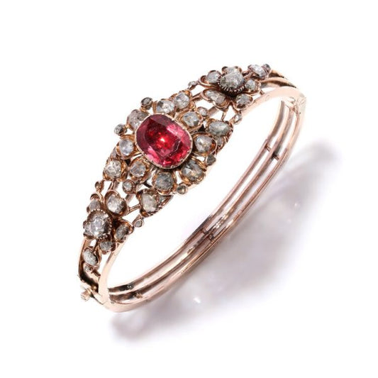 Antique Victorian 4ct Spinel and Rose Cut Diamond Cluster Bangle Bracelet in 15ct Gold, 19th century Circa 1870s