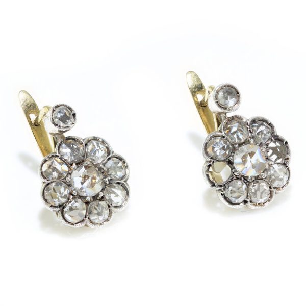 Antique Victorian Rose Cut Diamond Cluster Drop Earrings, 7.40 carat total