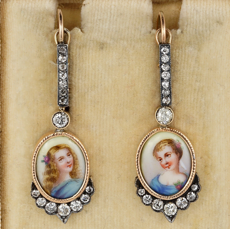Victorian Antique Portrait Miniature and Diamond Drop Earrings, charming pair of late 19th century hand-painted miniature portrait earrings within 1.40cts old mine-cut diamonds in silver-upon-18ct yellow gold. Circa 1880. In original antique box.