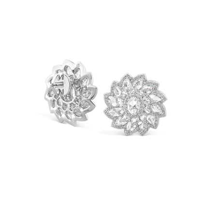 Rose Cut Diamond Flower Cluster Stud Earrings; featuring 0.30ct oval rose cut diamonds surrounded by forty-four rose cut diamond petals, 7.74ct total, 18ct white gold