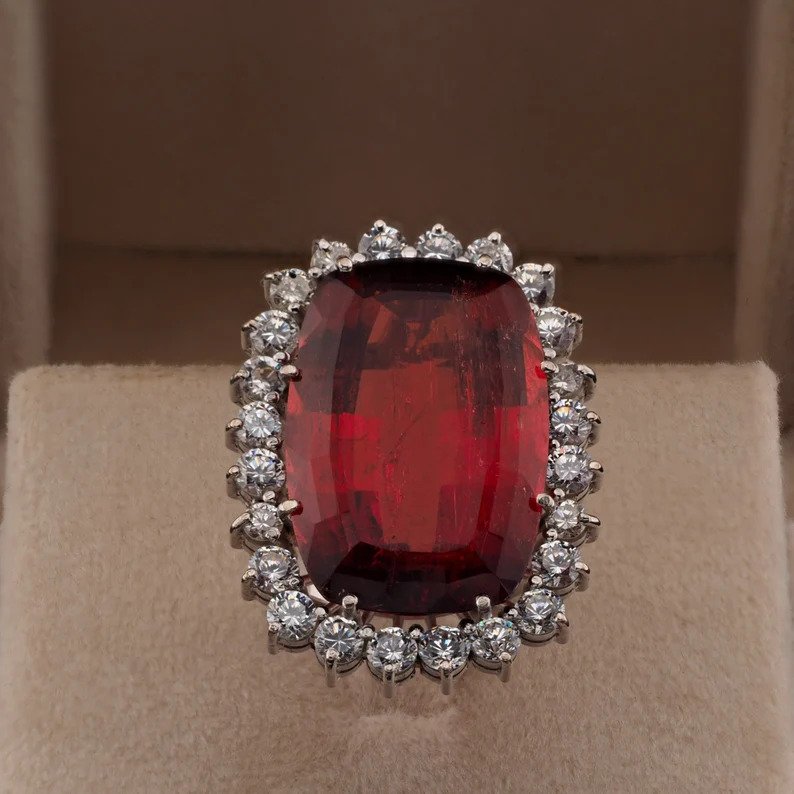 Vintage 25ct Rubellite and Diamond Cluster Cocktail Ring, Circa 1960