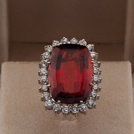 Vintage 25ct Rubellite and Diamond Cluster Cocktail Ring, Circa 1960