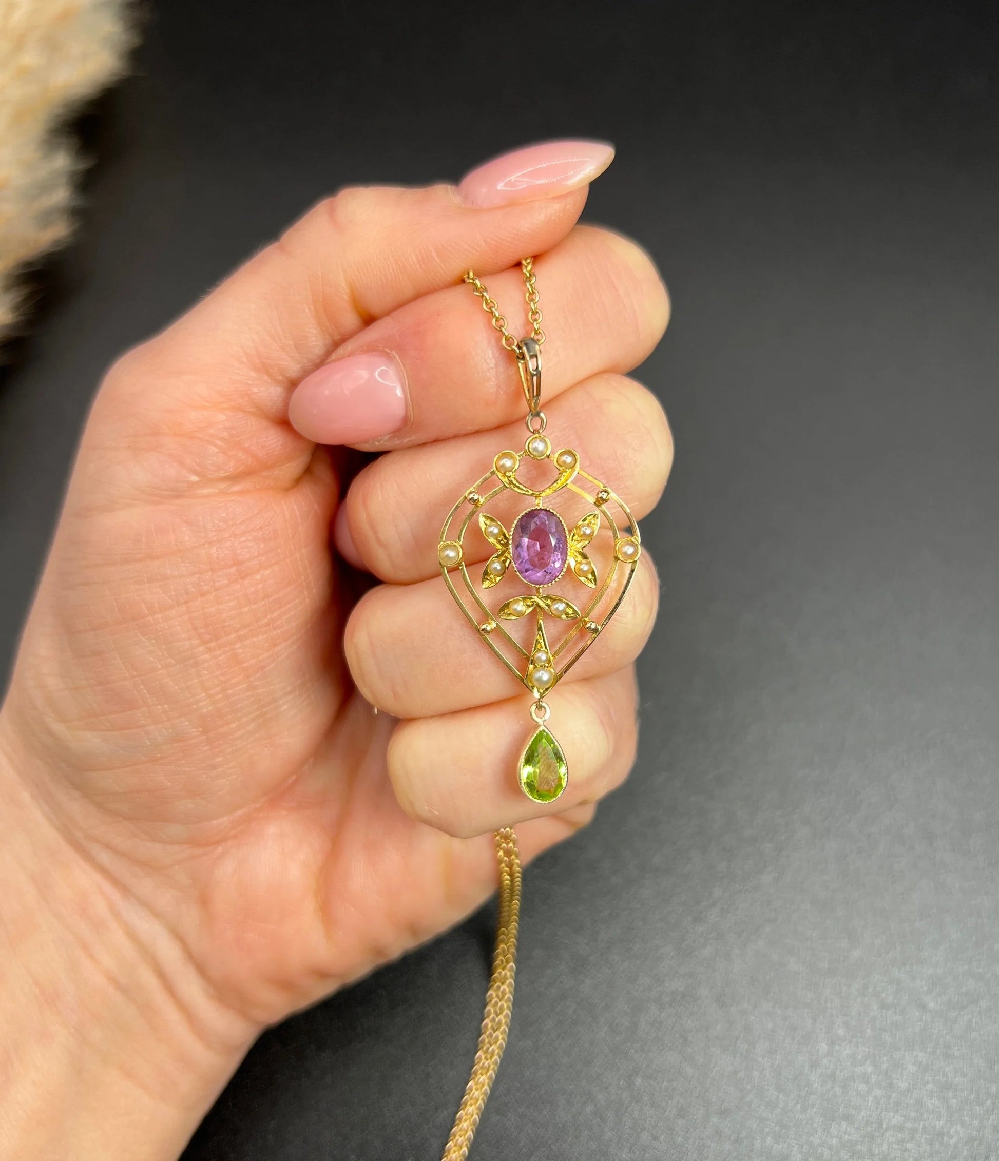Antique 15 ct Gold Authentic Edwardian Suffragette Pendant set with Amethyst, Peridot And Seed Pearls