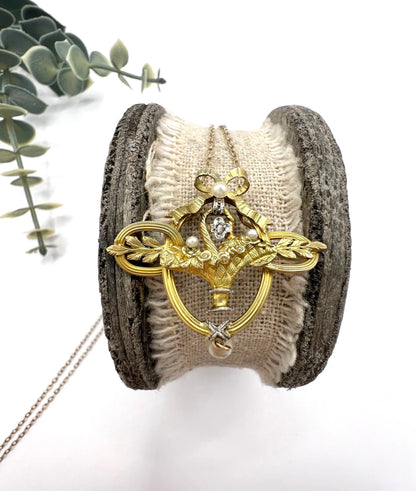 Antique 18 ct Gold, Edwardian Diamond And Seed Pearl Floral Basket Pendant Necklace