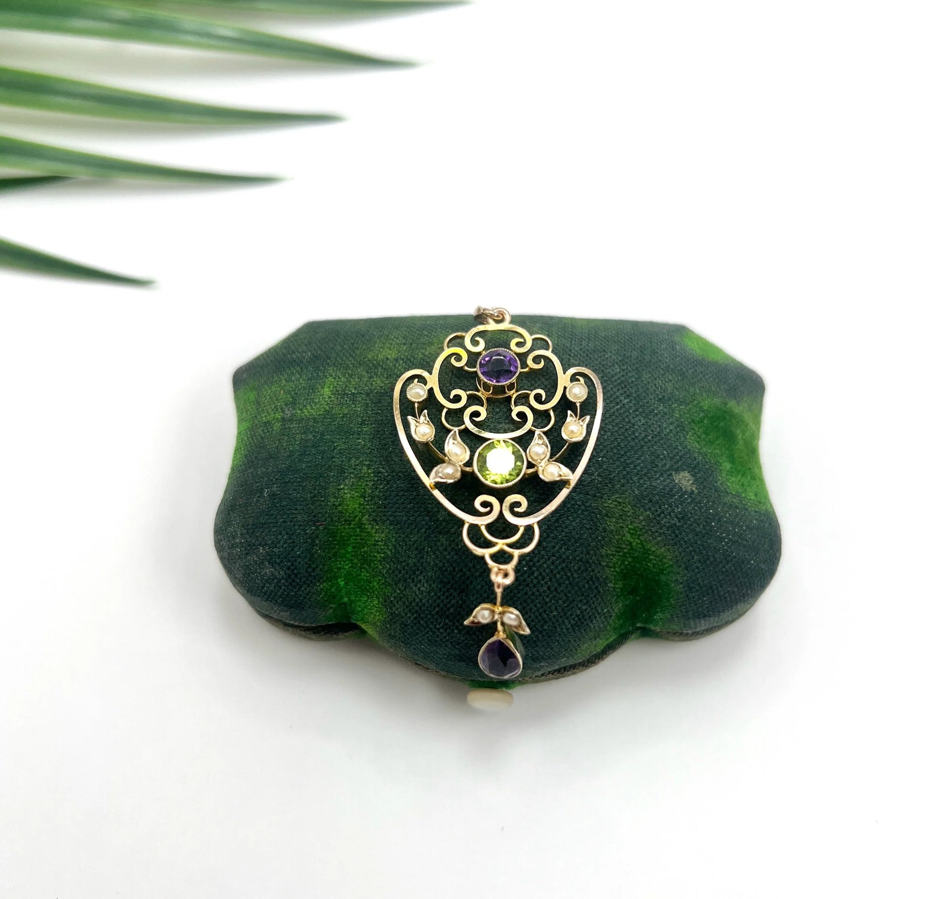 Antique 9 Carat Yellow Gold Amethyst, Peridot and Seed Pearl Suffragette Pendant Necklace
