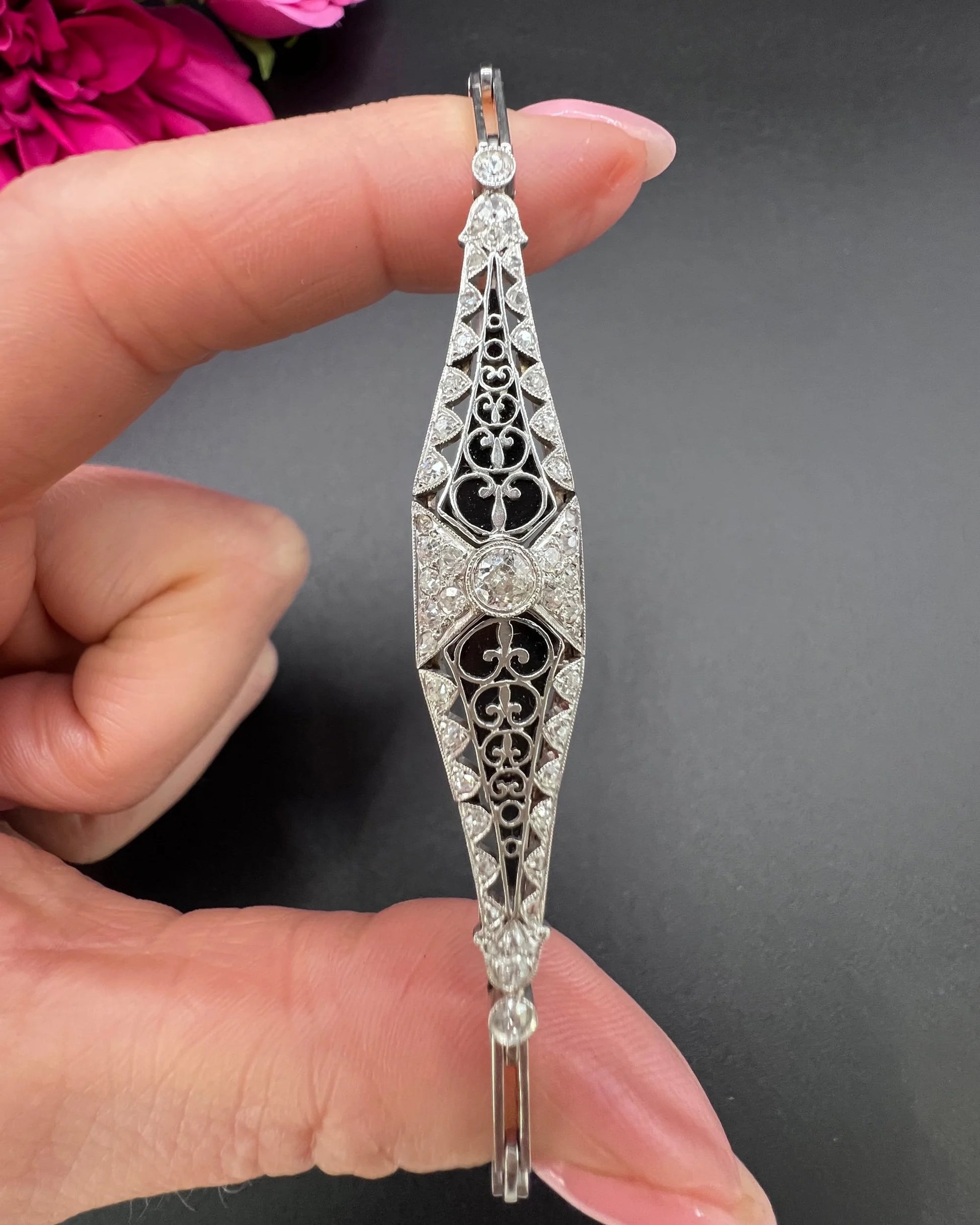 Antique Platinum, Original Art Deco Onyx & Diamond Bracelet