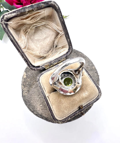 Vintage 18ct Gold French, 1940s Peridot and Diamond Double Halo Ring