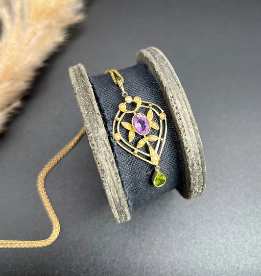 Antique 15ct Gold Stamped, Authentic Edwardian-era Suffragette Pendant set with Amethyst, Peridot & Seed Pearls