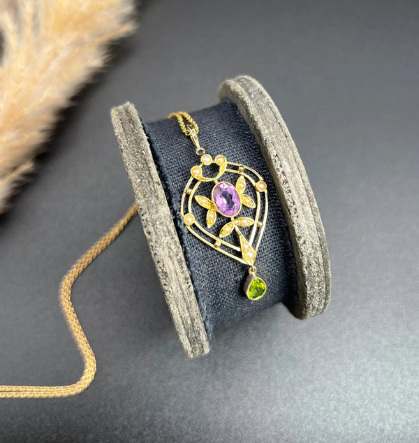 Antique 15 ct Gold Authentic Edwardian Suffragette Pendant set with Amethyst, Peridot And Seed Pearls
