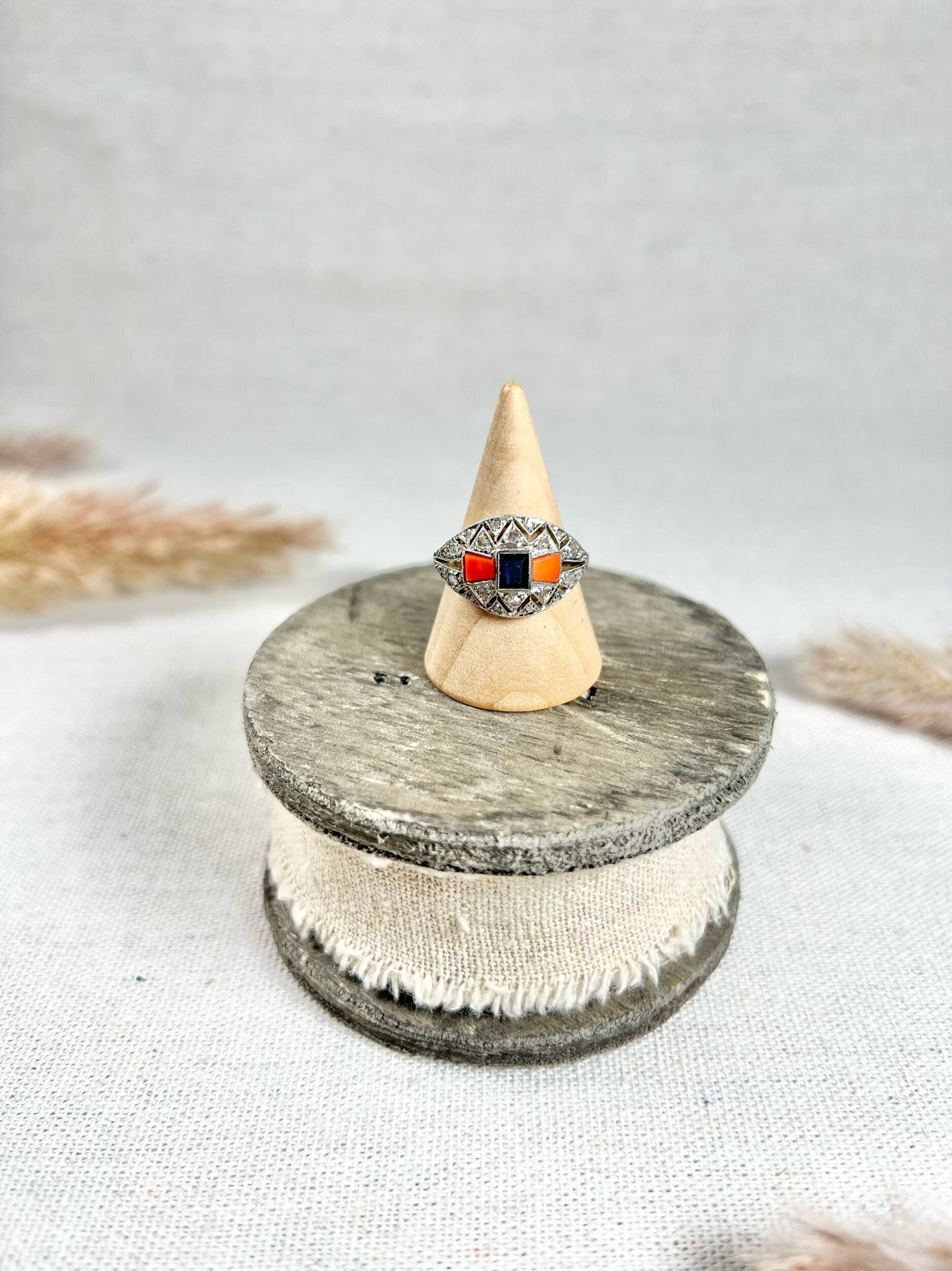 Antique 1920's Art Deco, 18 ct Gold And Platinum Sapphire, Coral And Diamond Dome Ring