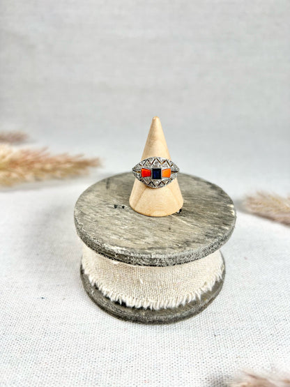 Antique 1920's Art Deco, 18 ct Gold And Platinum Sapphire, Coral And Diamond Dome Ring