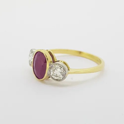 1.04ct Oval Ruby and Diamond Three Stone Ring in 18ct Gold