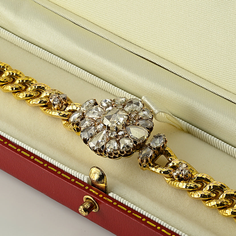 Victorian Antique 5.20ct Rose Cut Diamond Cluster 10ct Yellow Gold Curb Bracelet