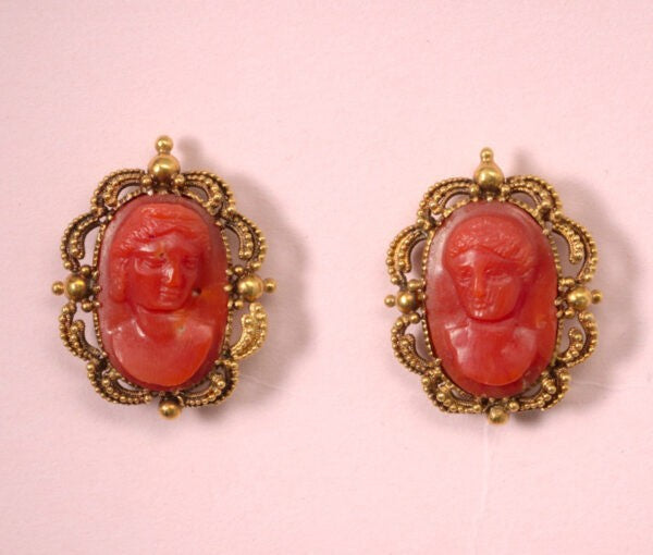 Antique Georgian Carved Coral Cameo Drop Earrings; depicting Amor and Psyche, detachable drops, 15ct gold