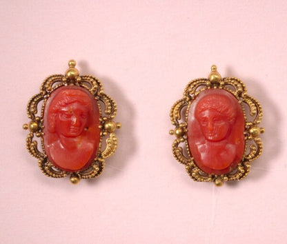Antique Georgian Carved Coral Cameo Drop Earrings; depicting Amor and Psyche, detachable drops, 15ct gold
