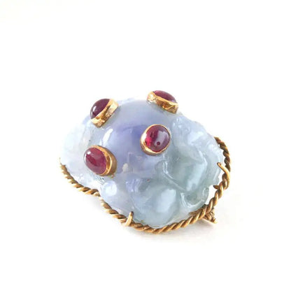 Unusual Vintage Carved Lavender Jadeite Jade Brooch with Rubies, Circa 1940s