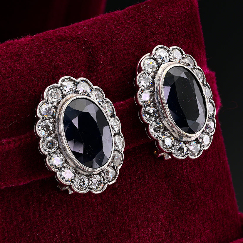 Vintage 8.40ct Natural Sapphire and Old European Cut Diamond Cluster Clip Earrings