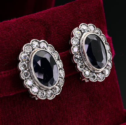 Vintage 8.40ct Natural Sapphire and Old European Cut Diamond Cluster Clip Earrings