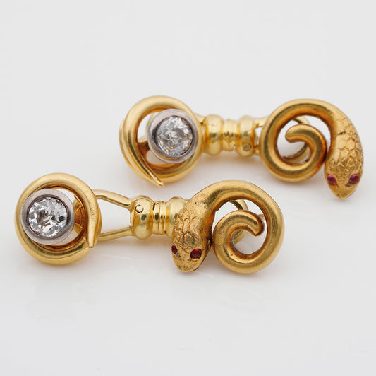 Victorian Antique Gold Snake Cufflinks with Diamonds