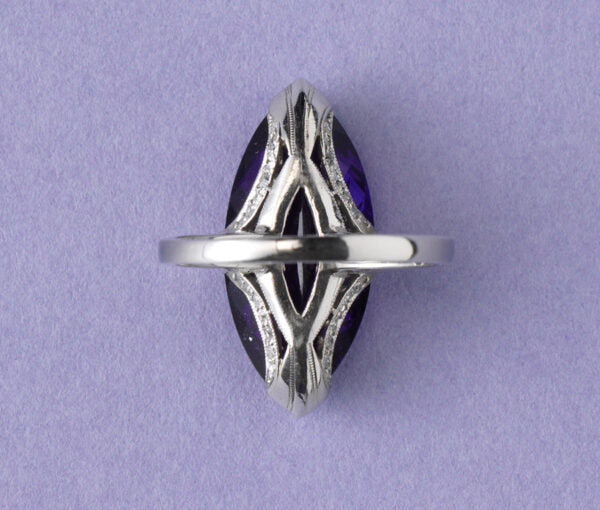 Art Deco Marquise Cut Amethyst, Diamond and Platinum Cocktail Ring