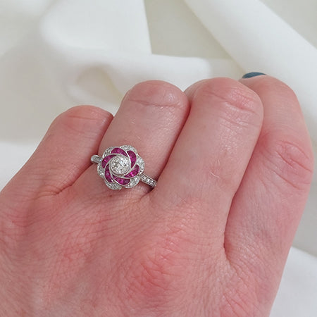 Ruby and Diamond Flower Cluster Engagement Ring
