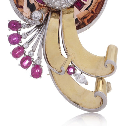 Vintage 1940s Retro 3.20ct Ruby 3.60ct Diamond Gold Floral Spray Brooch