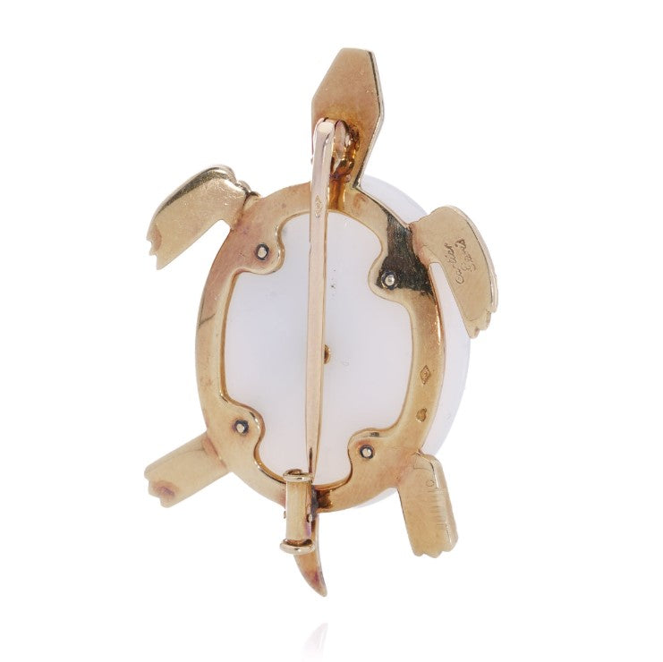 Cartier Vintage White Chalcedony and 18ct Yellow Gold Turtle Brooch with Rose Cut Diamond Eyes